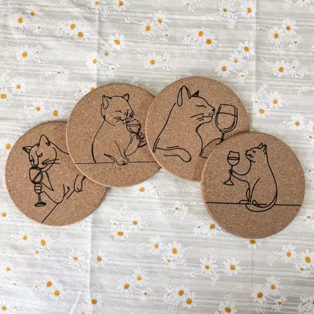 Cat & Wine Engraved Cork Coasters - 4 pieces